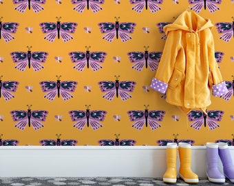 May include: A yellow wall with a repeating pattern of purple and black butterflies. The wall is decorated with a white bench, a pink pillow, a yellow bag, and a yellow raincoat hanging on a hook.