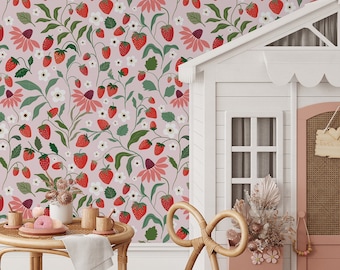 Wild strawberry and flower wallpaper, Wall Mural, Removable, Self Adhesive (Peel and Stick), Non Self Adhesive (Vinyl)