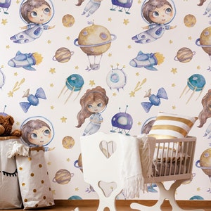 Space wallpaper, watercolor rocket Wall Decor, planets and stars Nursery Wallpaper, Peel & Stick, Self-Adhesive, Removable, space decor