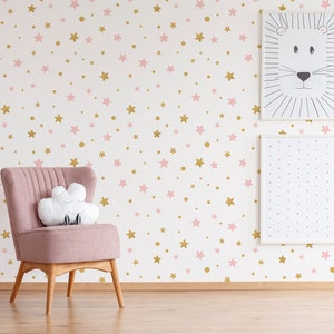 White Wallpaper for Kids with Small Pink and Gold Stars, Nursery Wall Mural, Peel and Stick, Self-Adhesive, Removable, Wall Decor