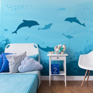 Carta da parati con delfini, alghe e barriera corallina, pesci sul paesaggio sottomarino, decorazione murale per la scuola materna, stacca e incolla, autoadesiva, decorazione da parete