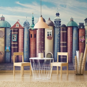 Carta da parati con città magica con libri, decorazione murale, stacca e incolla, autoadesiva, rimovibile, decorazione murale floreale