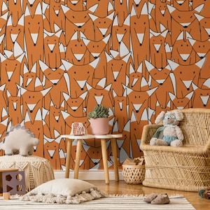 Cartoon Foxes Mural, Fox Pattern, Animal Mural, Wallpaper for Kids, Nursery Wall Mural, Peel and Stick, Self-Adhesive, Wall Decor