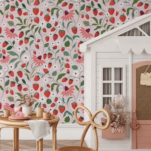 Wild strawberry and flower wallpaper, Wall Mural, Removable, Self Adhesive (Peel and Stick), Non Self Adhesive (Vinyl)