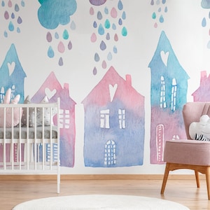 Casas de dibujos animados de acuarela y nubes de lluvia, papel pintado para niños, mural de pared de guardería, pelar y pegar, autoadhesivo, decoración de pared