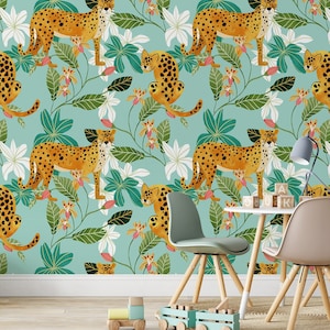 Safari animal wallpaper, cheetah and plants, Removable, Nursery Wall Art, Self Adhesive (Peel and Stick), Non Self Adhesive (Vinyl)