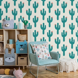 Carta da parati leggera con cactus verde cartone animato, carta da parati per bambini, decorazione murale per la cameretta dei bambini, stacca e incolla, autoadesiva, rimovibile, decorazione da parete