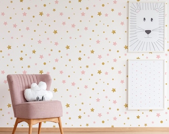 White Wallpaper for Kids with Small Pink and Gold Stars, Nursery Wall Mural, Peel and Stick, Self-Adhesive, Removable, Wall Decor