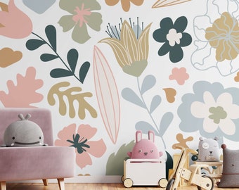 Pattern with colorful pretty flowers, leaves and floral wallpaper | Peel and Stick, Self Adhesive, Baby & Kids Room, Removable Nursery Mural