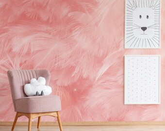 Pink Wallpaper with Feathers, Wallpaper for Kids, Nursery Wall Mural, Peel and Stick, Self-Adhesive, Wall Decor