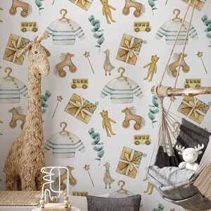 Watercolor wallpaper with baby toys, Removable wall, Nursery Wall Art, Self Adhesive (Peel and Stick), Non Self Adhesive (Vinyl)