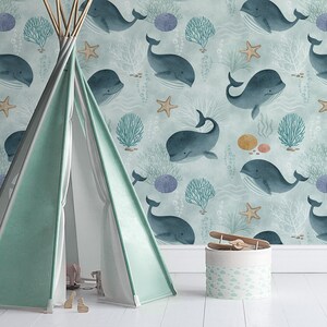 Aquarell-Unterwasserwelt-Tapete, Waltier, Kinderzimmer-Wandbild, abnehmbar, selbstklebend (Peel & Stick), nicht selbstklebend (Vinyl)