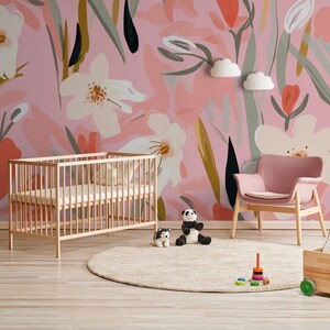 Cute Pink Floral Wallpaper, Modern Botanical Pattern, Nursery Wall Art ...