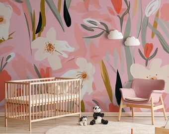 Cute pink floral wallpaper, modern botanical pattern, Nursery Wall Art, Self Adhesive (Peel and Stick), Non Self Adhesive (Vinyl)