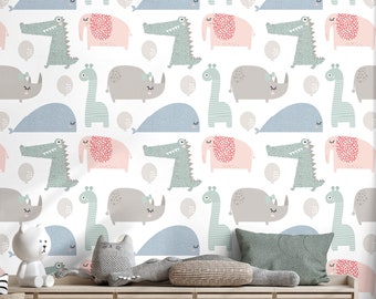 Scandinavian Cartoon Animal pattern Wallpaper for Kids, Nursery Wall Mural, Peel and Stick, Self-Adhesive, Wall Decor