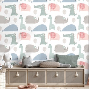 Scandinavian Cartoon Animal pattern Wallpaper for Kids, Nursery Wall Mural, Peel and Stick, Self-Adhesive, Wall Decor