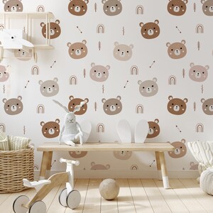 Cute bear, Boho animal wallpaper, removable, Nursery Wall Art, Self Adhesive (Peel and Stick), Non Self Adhesive (Vinyl)