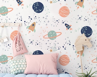White Vector Space Wallpaper, Planets & Stars Mural, Wallpaper for Kids, Nursery Wall Mural, Peel and Stick, Self-Adhesive, Wall Decor