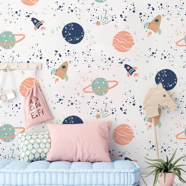 White Vector Space Wallpaper, Planets & Stars Mural, Wallpaper for Kids, Nursery Wall Mural, Peel and Stick, Self-Adhesive, Wall Decor