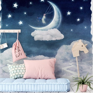 Carta da parati con cielo stellato notturno, bambino sulla luna, nuvole, Autoadesiva (stacca e incolla), Non autoadesiva (vinile), Carta da parati per bambini, Carta da parati per la cameretta dei bambini
