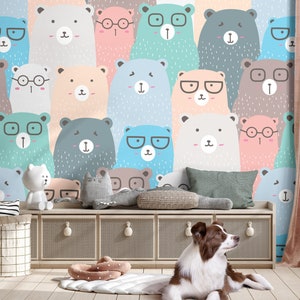 Colorful Bears Motif, Animal Pattern, Cartoon Animal, Wallpaper for Kids, Nursery Wall Mural, Peel and Stick, Self-Adhesive, Wall Decor
