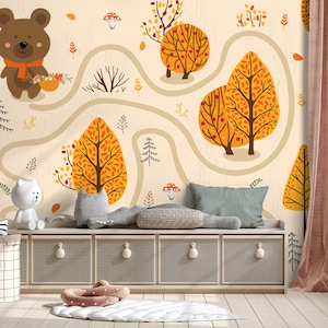 Wallpaper with bear in the autumn forest, Wall Mural for Kids, Peel and Stick, Self-Adhesive, Removable, Wall Decor