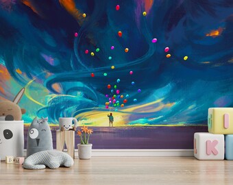 May include: A child stands in a field holding a bunch of colorful balloons that are floating up into a blue and yellow sky with swirling clouds.  The scene is painted on a wall in a child's room with a toy bunny, a toy cat, and wooden blocks spelling "KID" in the foreground.