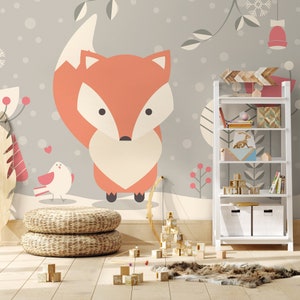 Gray Cartoon Wallpaper with Fox, Animal Motif, Wallpaper for Kids, Nursery Wall Mural, Peel and Stick, Self-Adhesive, Wall Decor