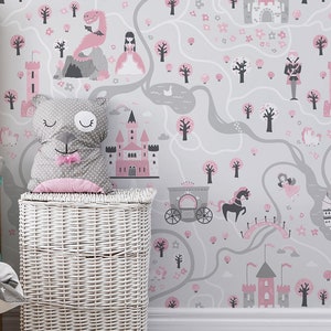 Princess Castle Map Nursery Wall Decor - Papier peint gris rose Peel and Stick, Peinture murale de chambre d’enfant, Autocollant, Amovible, Décoration murale