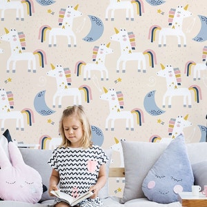 Childish pattern with cute unicorns and moons, scandinavian kids wallpaper | Peel and Stick, Self-Adhesive, Wall Decor