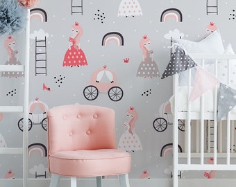 Tapete mit rosa Prinzessin und Kutsche, Tapete für Mädchen, Kinderzimmer-Wandbild, abziehen und aufkleben, selbstklebend, abnehmbar, Wanddekoration