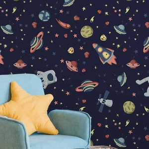 Carta da parati spaziale, astronave e pianeta, stella e asteroide, Decorazione murale, Rimovibile, Autoadesiva (stacca e incolla), Non autoadesiva (vinile)