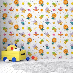 Space animal wallpaper, pets in cosmos, Self Adhesive (Peel and Stick), Non Self Adhesive (Vinyl), Kids, Nursery wallpaper