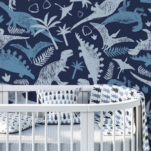 Blaue Dinosaurier-Tapete, Baby-Wanddekoration, Wandbild für Kinder, abziehen und aufkleben, selbstklebend, abnehmbar, Wanddekoration