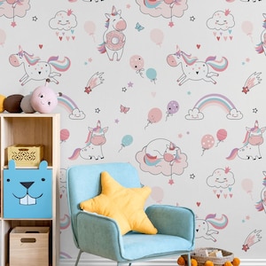 Unicorn wallpaper with magic clouds, rainbow and stars, Peel & Stick, Self-Adhesive, Removable, Wall Decor