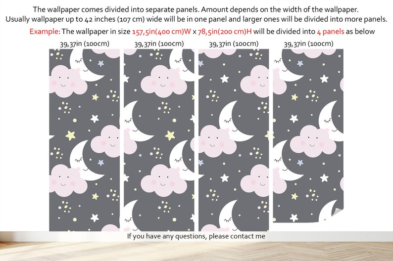 Wallpaper With Moon, Cloud and Stars, Nursery Wall Mural, Peel and ...