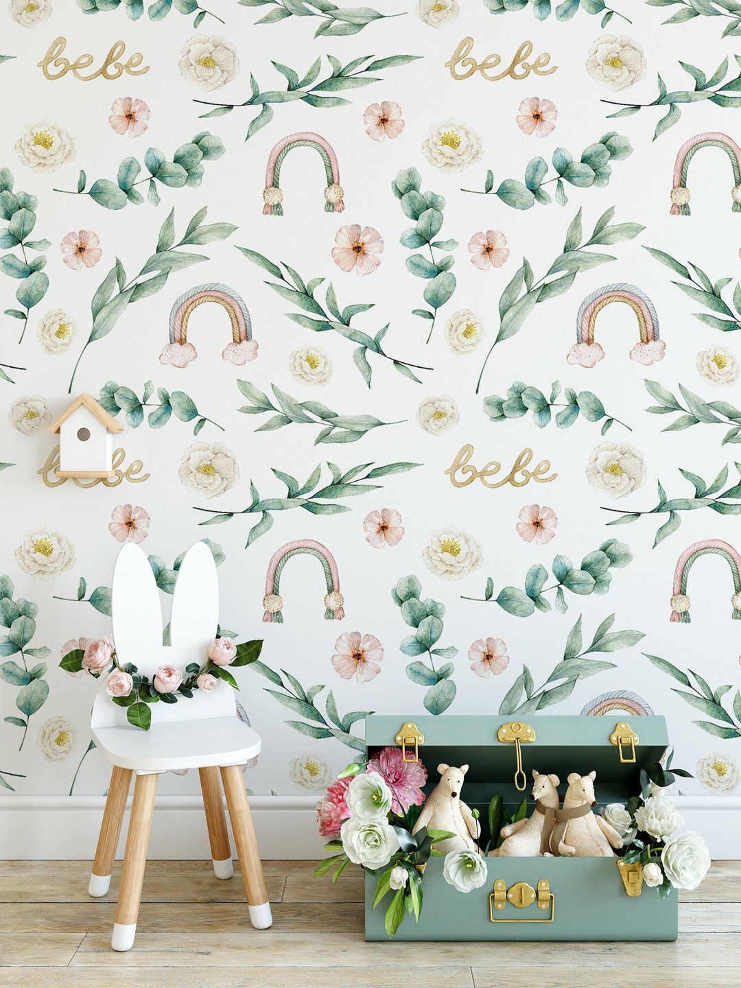 Watercolor Wallpaper With Plants, Flowers, Rainbow, Removable, Nursery ...