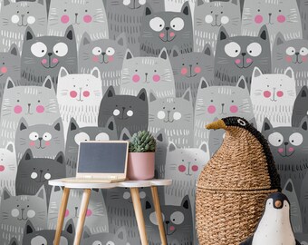 Funny Cartoon Gray Cats Wallpaper, Cute Kitty Pattern | Peel and Stick, Self Adhesive, Baby & Kids Room, Removable Nursery Mural