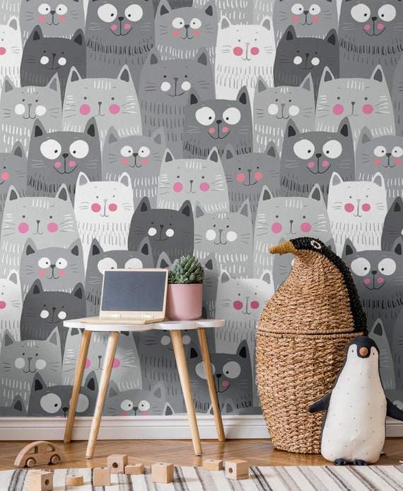Funny Cartoon Gray Cats Wallpaper Cute Kitty Pattern Peel - Etsy