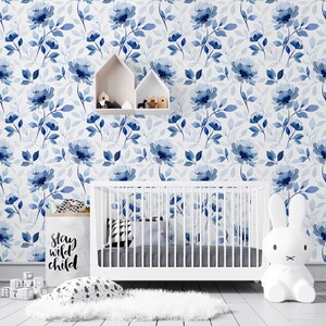 Watercolor Wallpaper with Blue Flowers, Roses, Wallpaper for Kids, Floral Wall Mural, Peel and Stick, Self-Adhesive, Wall Decor