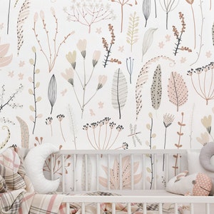 Pattern with flowers, branches, leaves, vintage wallpaper | Peel and Stick, Self Adhesive, Baby & Kids Room, Removable Nursery Mural image 2