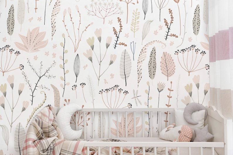 Pattern with flowers, branches, leaves, vintage wallpaper | Peel and Stick, Self Adhesive, Baby & Kids Room, Removable Nursery Mural image 2