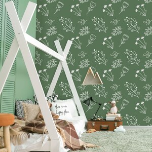 Green and white wallpaper with flowers, floral home decor, wildflower Nursery Wall Mural, Peel and Stick, Self-Adhesive, Wall Decor