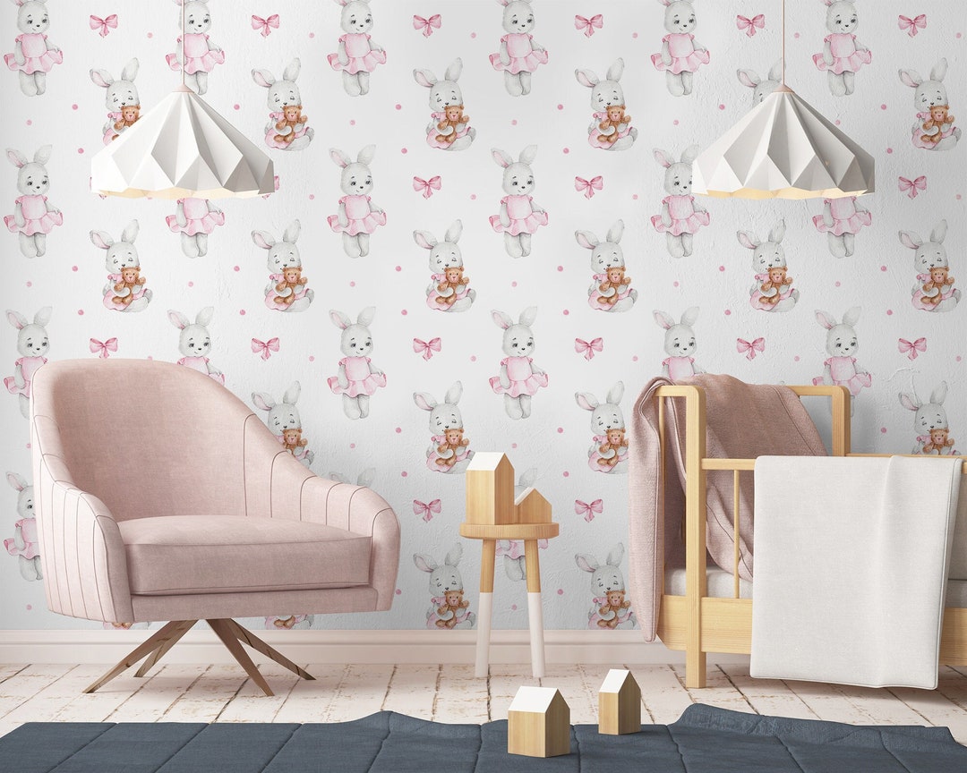 Wallpaper With Bunny, Pink Bow and Polka Dots, Removable, Nursery Wall ...