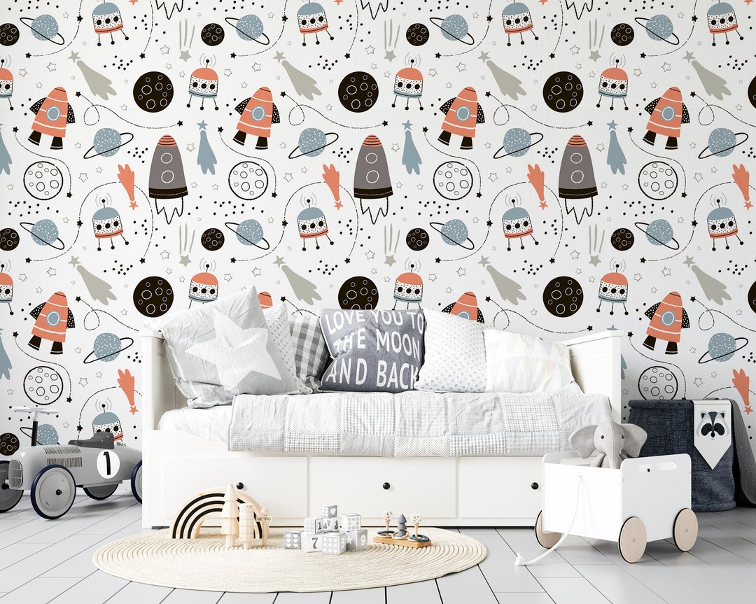 Hand Drawn Cosmic Wallpaper for Kids With Rockets and Plantes, Nursery ...