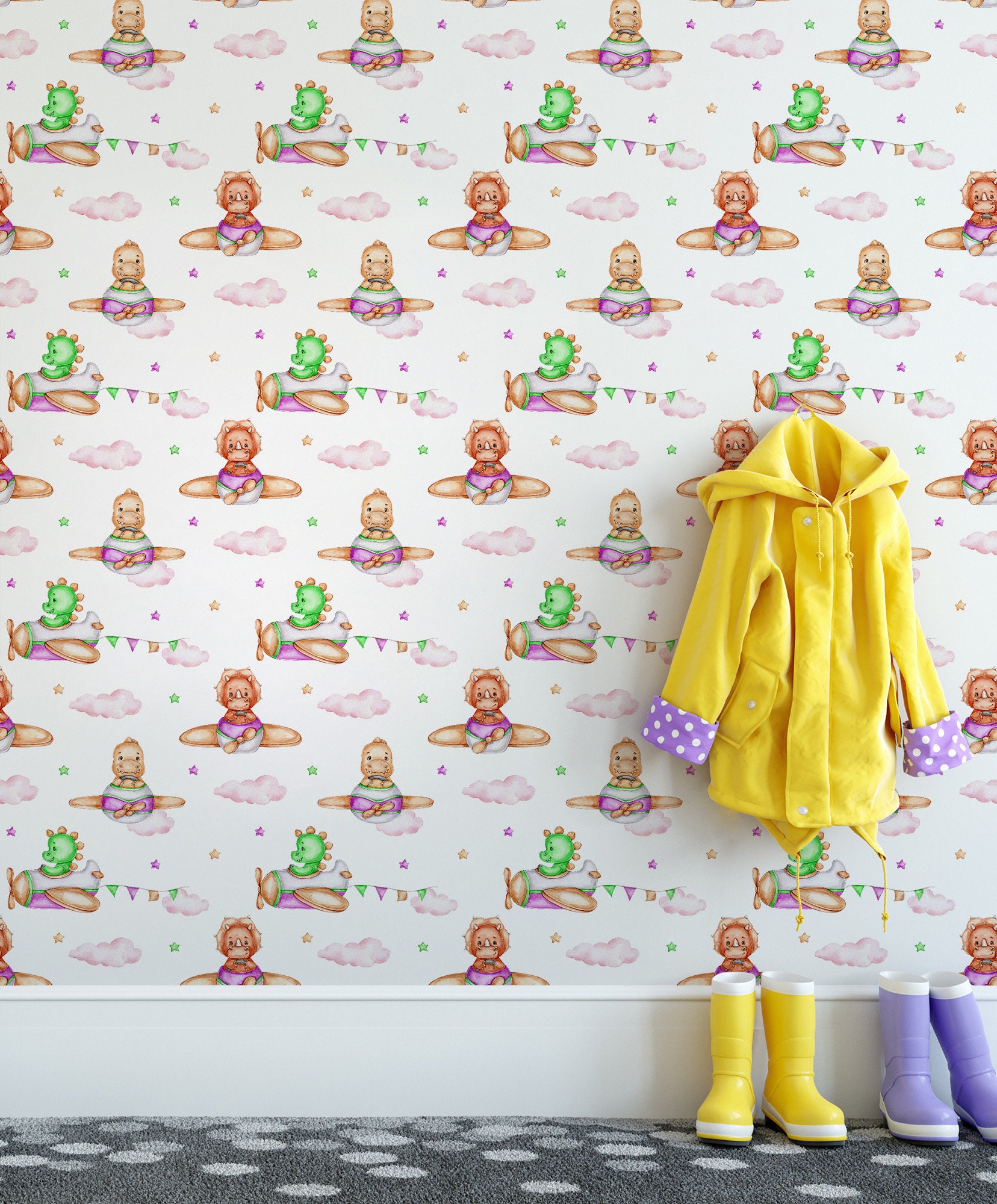 Tapete mit Dino, Flugzeug, Wolke und Stern, abnehmbar,  Kinderzimmer-Wandkunst, selbstklebend (abziehen und aufkleben), nicht  selbstklebend (Vinyl) - Etsy Schweiz, image size:1656x2000