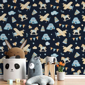 Watercolor wallpaper with toys, car, airplane, pyramids, flags, rocking horse, Peel & Stick, Self-Adhesive, Removable, Wall Decor
