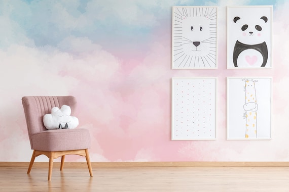 Watercolor pastel sky cloud wallpaper, Wall Mural for Kids, Peel and Stick, Self-Adhesive, girls room decor, Removable, Wall Decor