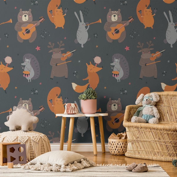 Forest animals wallpaper, musical instruments, dark background | Peel and Stick, Self Adhesive, Baby & Kids Room, Removable Nursery Mural