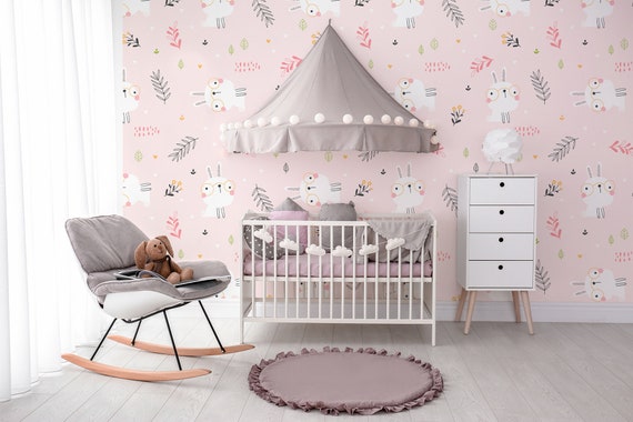 Pink Baby Wallpaper With White Bunnies Plants and Leaves - Etsy